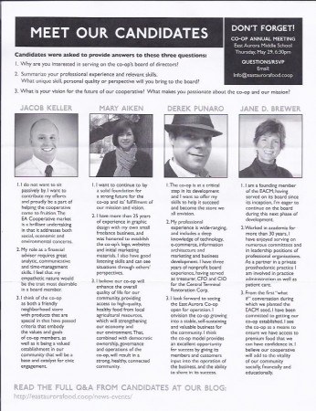 Mailer showing 2014 East Aurora Coop Board candidates